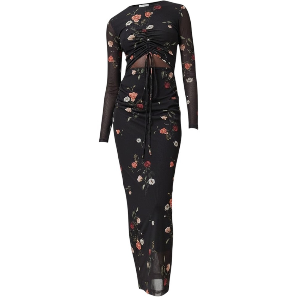 AllSaints Kathy Mesh Maxi Dress Briar Black Floral Cutout Ruched Long Sleeve NWT